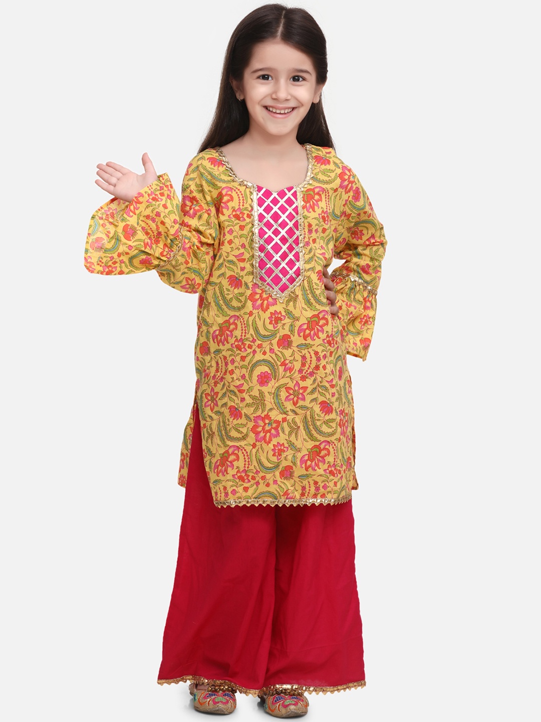 

BownBee Girls Beige & Pink Printed Kurta with Red Palazzos