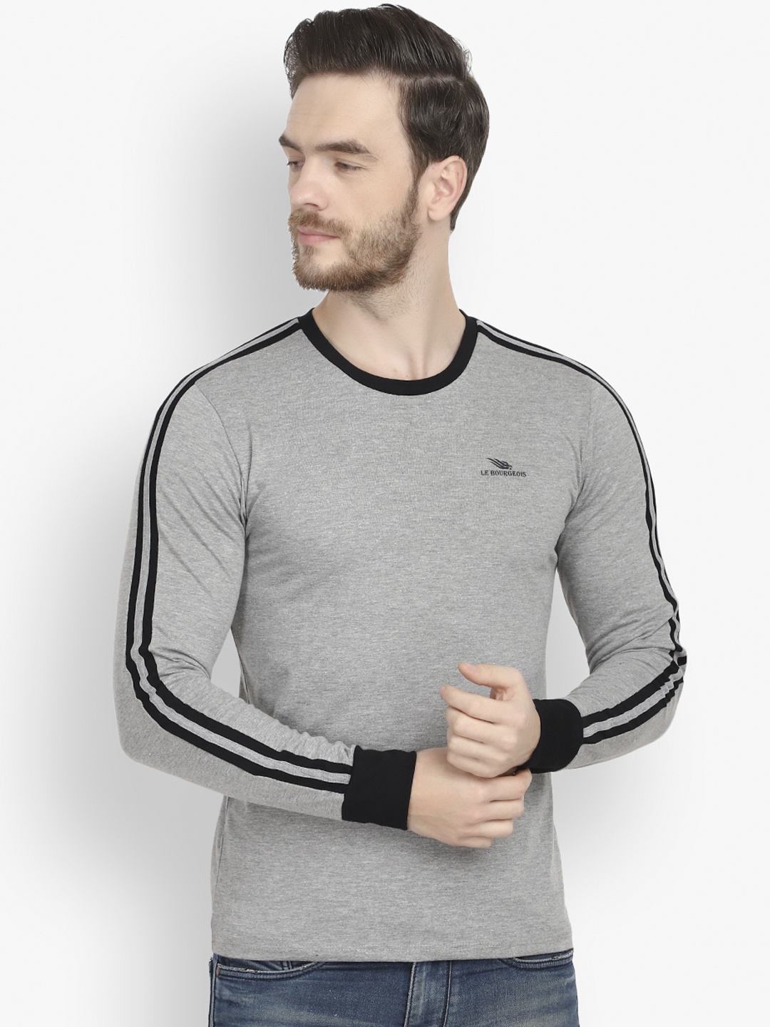LE BOURGEOIS Men Grey Solid Round Neck T-shirt with Side Stripes