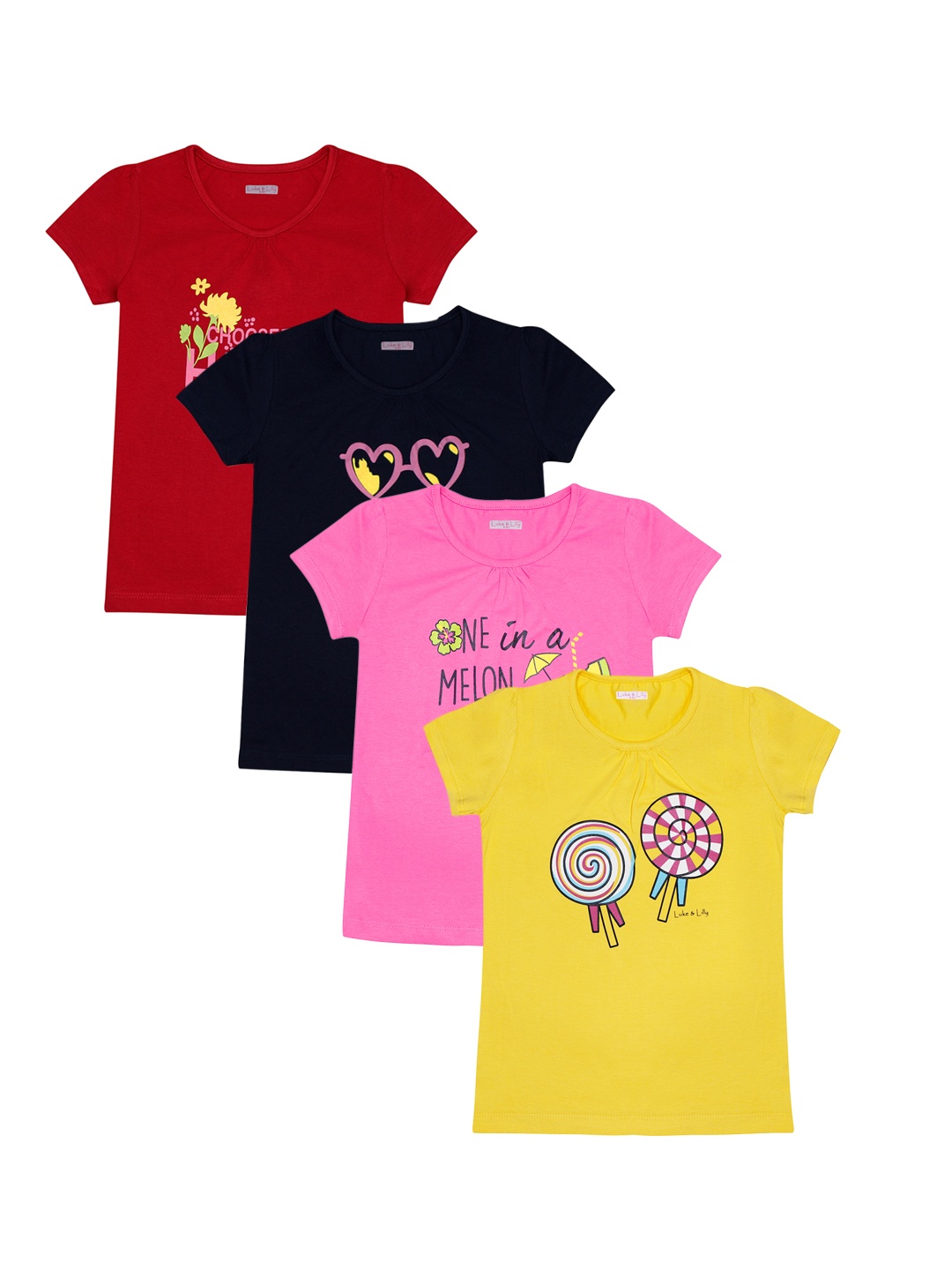 Luke & Lilly Girls Multicoloured Pack of 4 Printed Round Neck T-shirt, Multi