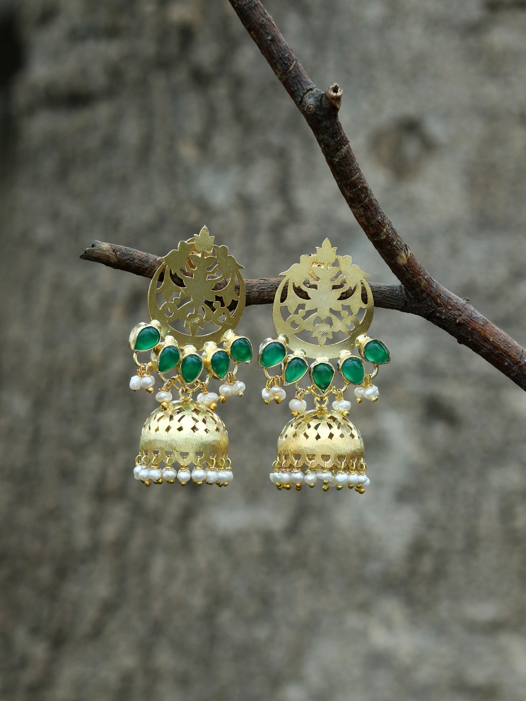 

Silvermerc Designs Gold & Green Gold-Plated Dome Shaped Jhumkas