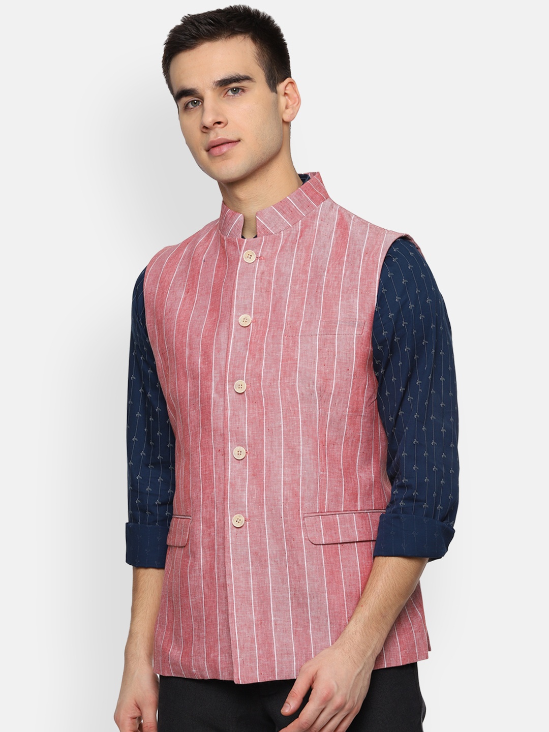 

Louis Philippe Men Pink & White Striped Linen Waistcoat