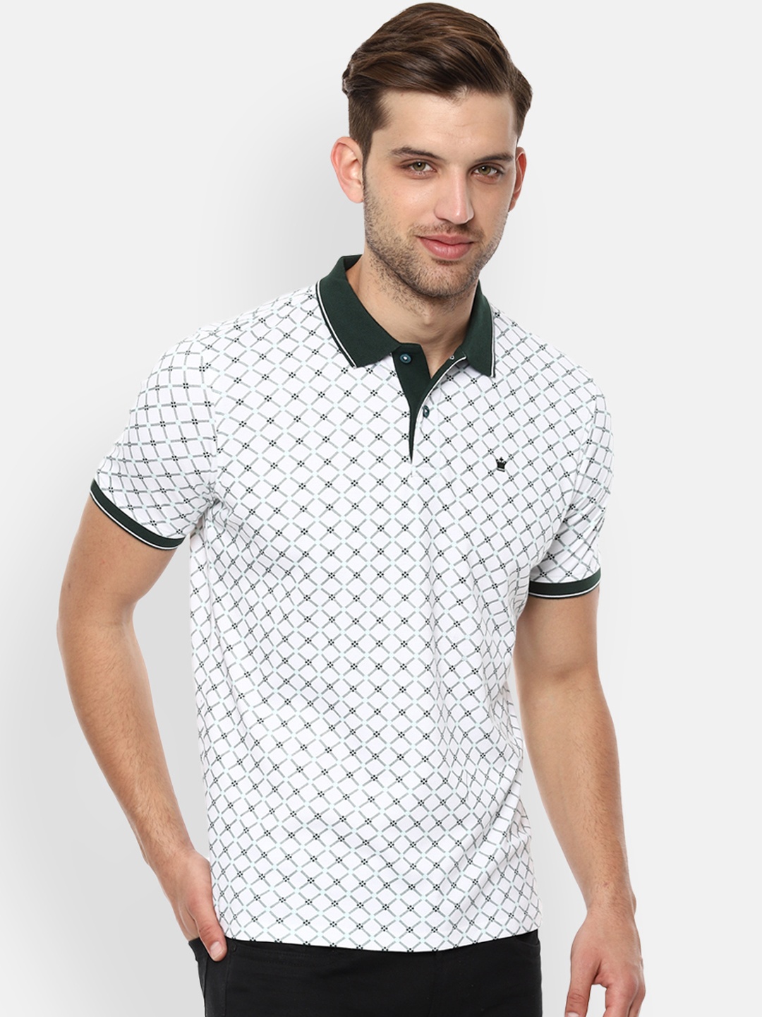 Louis Philippe Men White Green Printed Polo Collar Pure Cotton T-shirt