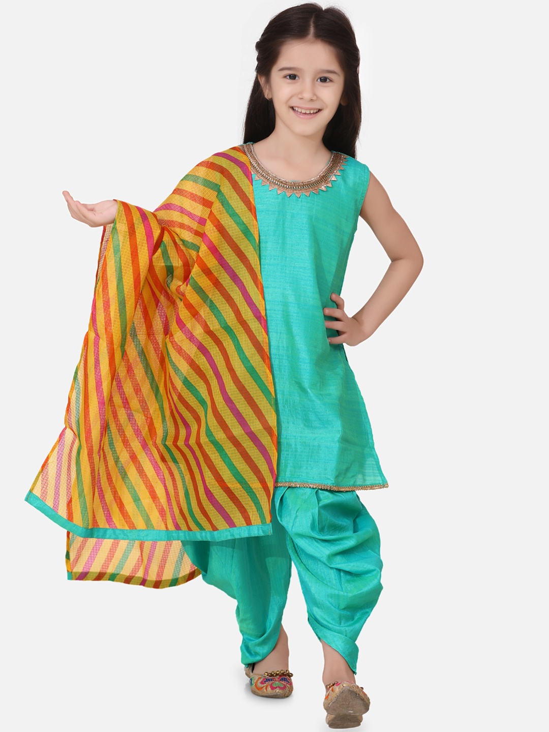 BownBee Girls Green & Yellow Yoke Design Kurti with Dhoti Pants & Dupatta