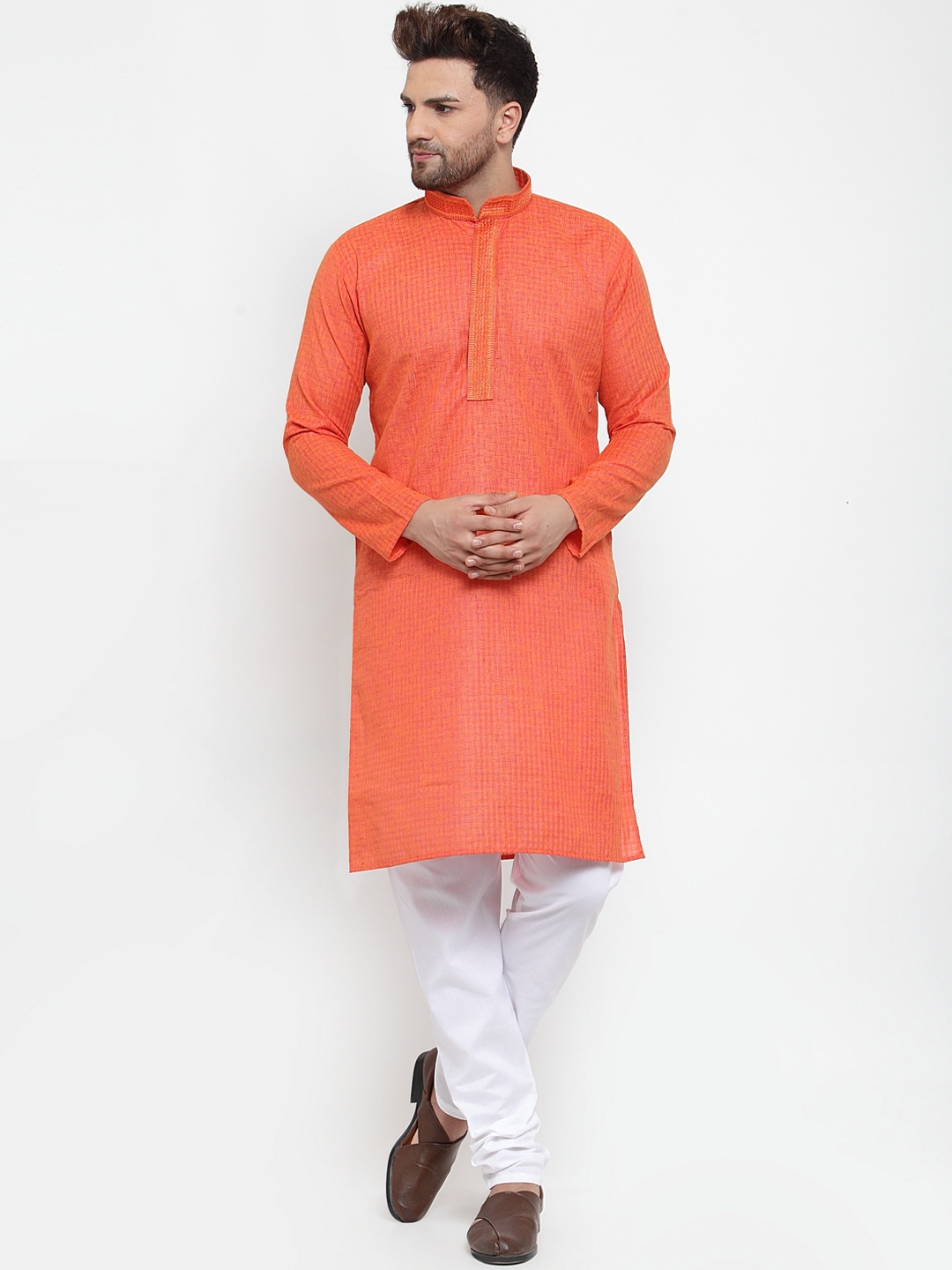 

Jompers Men Orange Self-Checked Kurta with Churidar