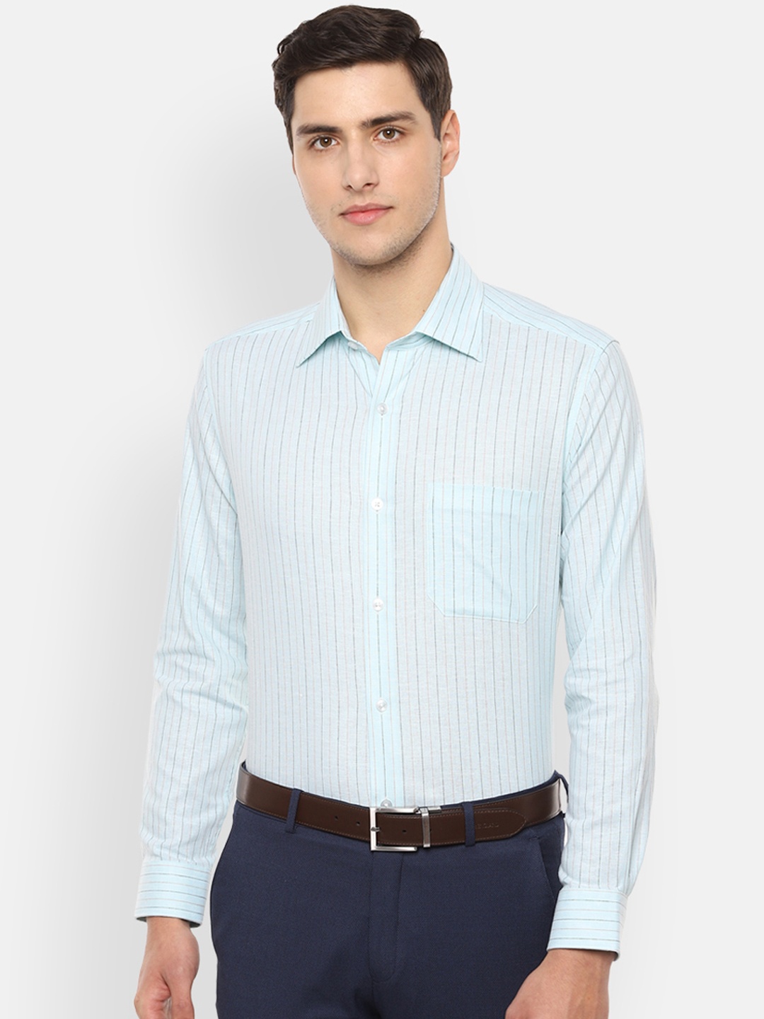 

Louis Philippe Men Sea Green Classic Regular Fit Striped Formal Shirt