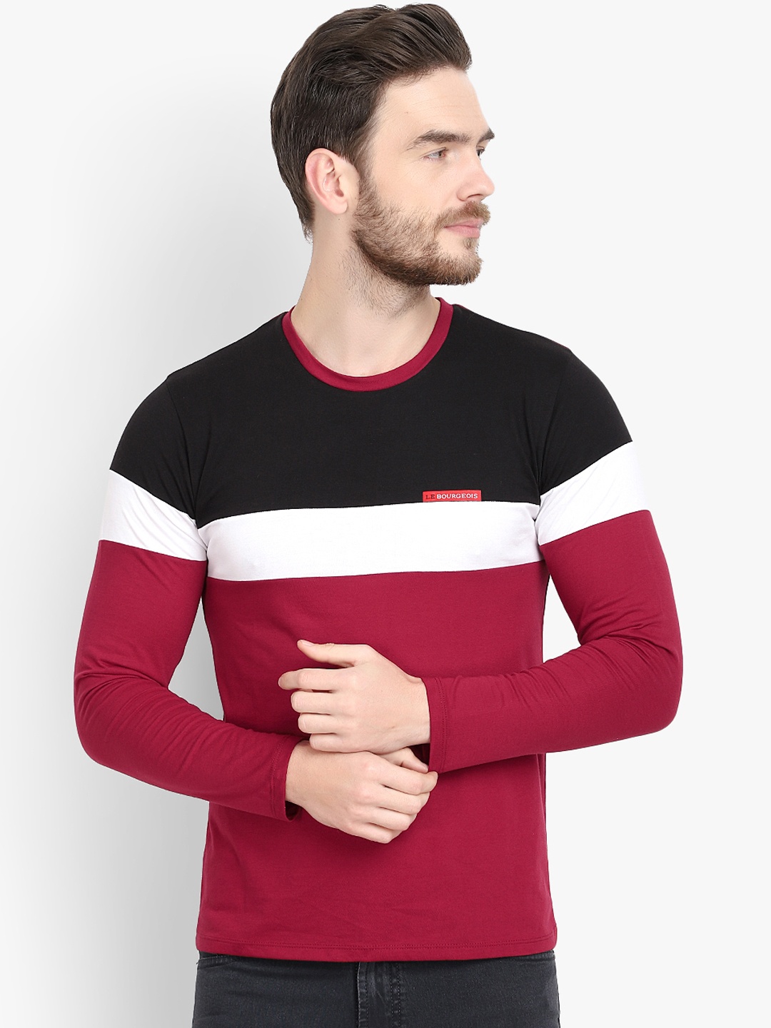 

LE BOURGEOIS Men Maroon Colourblocked Round Neck T-shirt