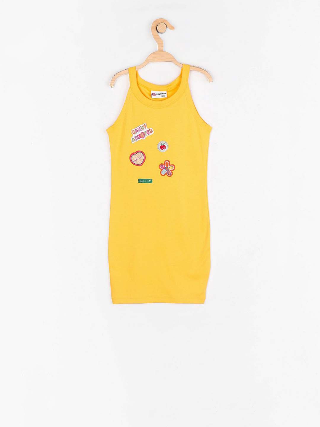 

Peppermint Girls Yellow Solid Sheath Dress with Applique Detail