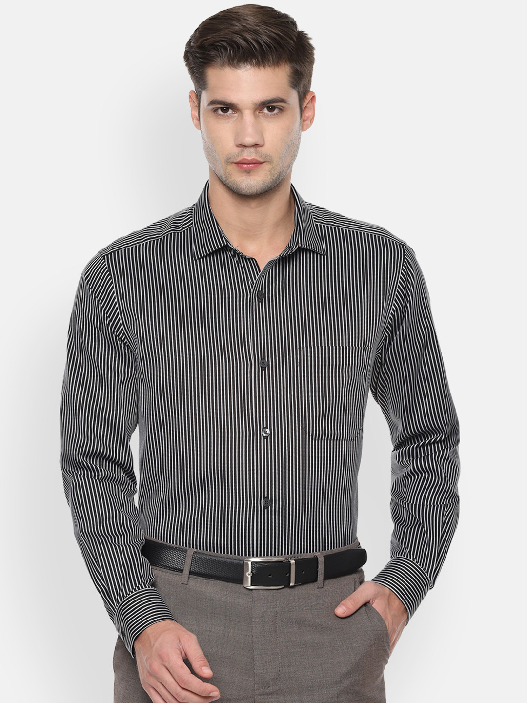 

Louis Philippe Men Black & White Striped Slim-Fit Formal Shirt