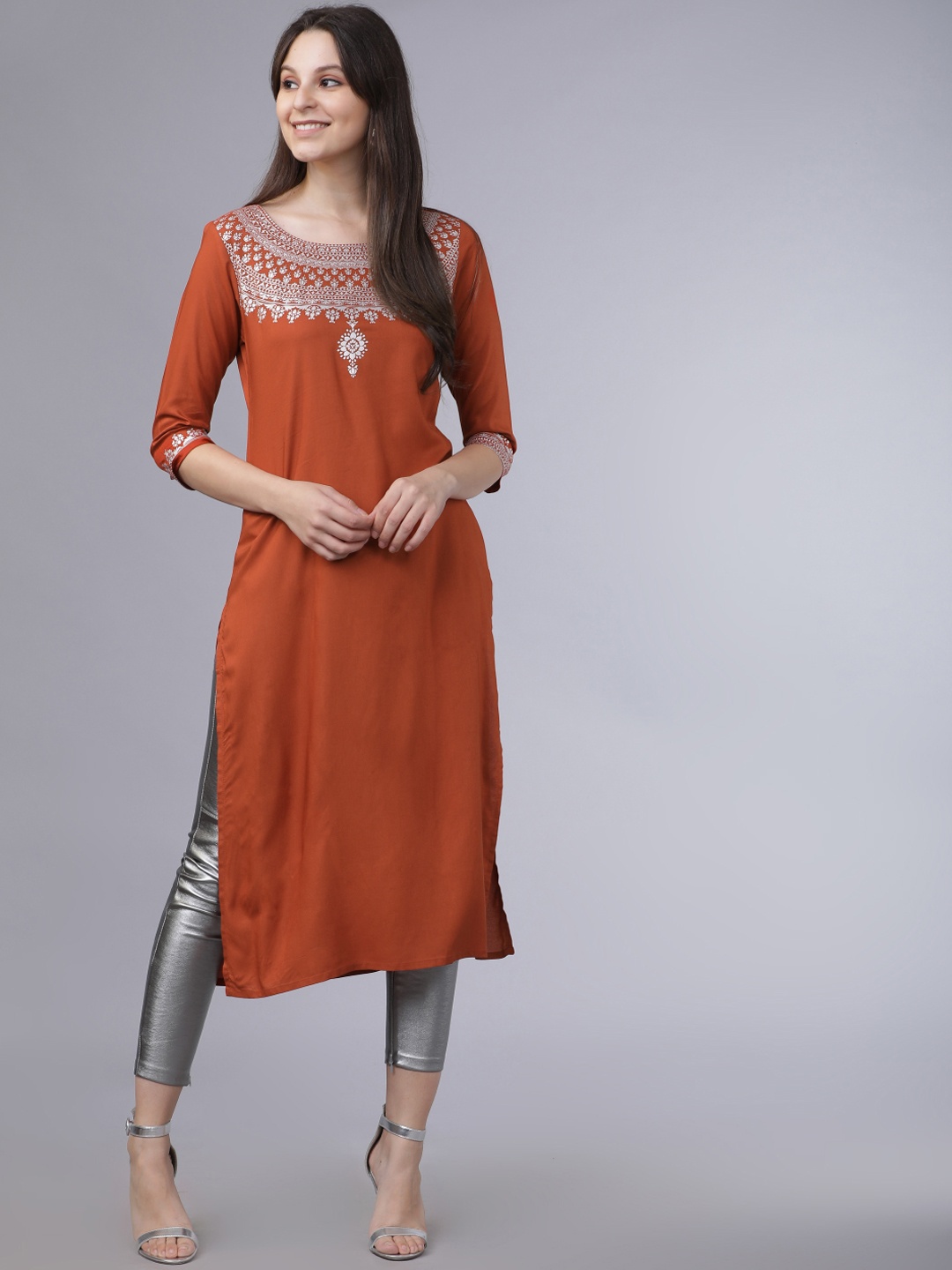 

Vishudh Women Rust & Silver-Toned Solid Straight Kurta