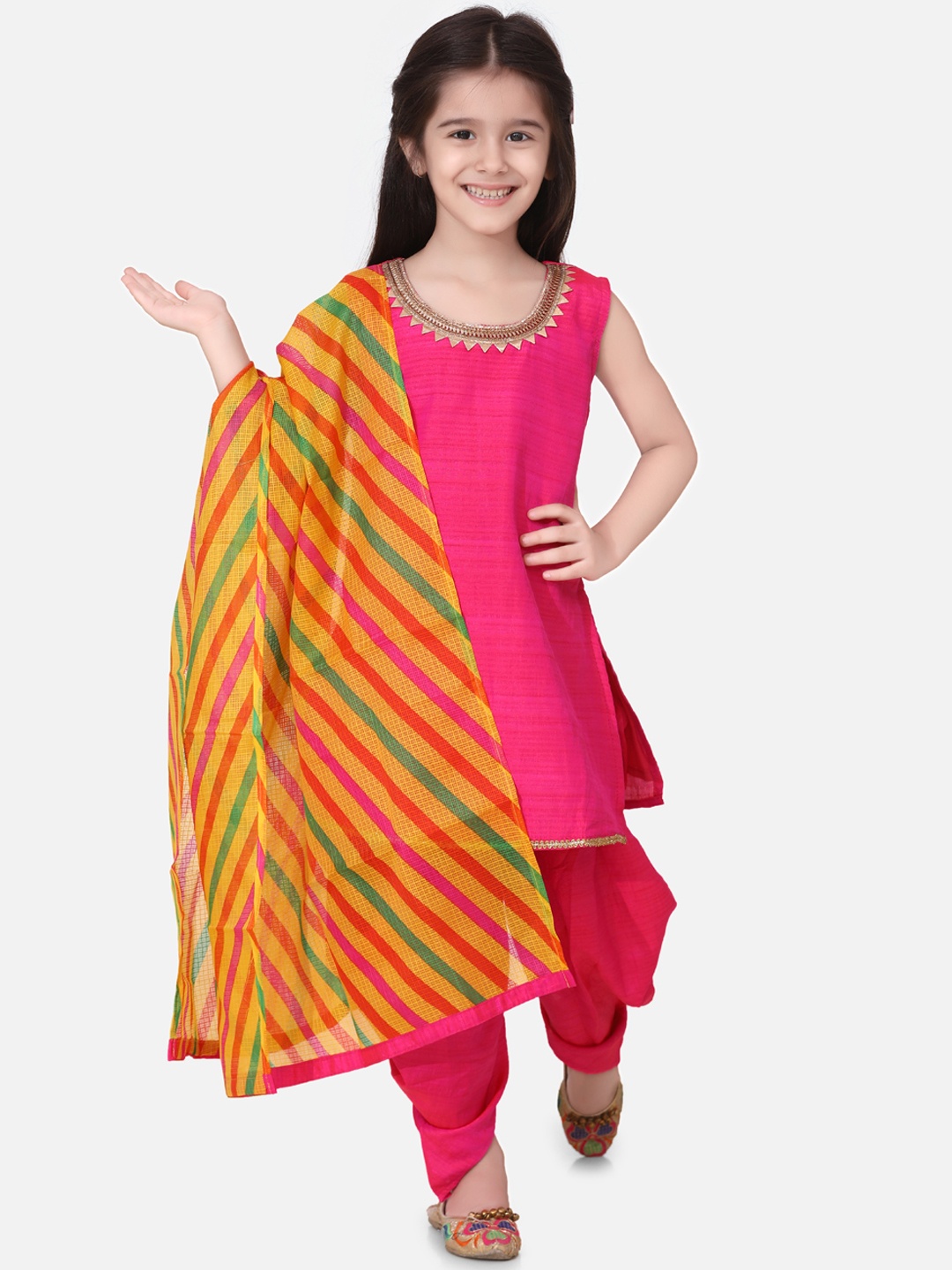 

BownBee Girls Pink & Yellow Embroidered Kurti with Dhoti Pants & Dupatta