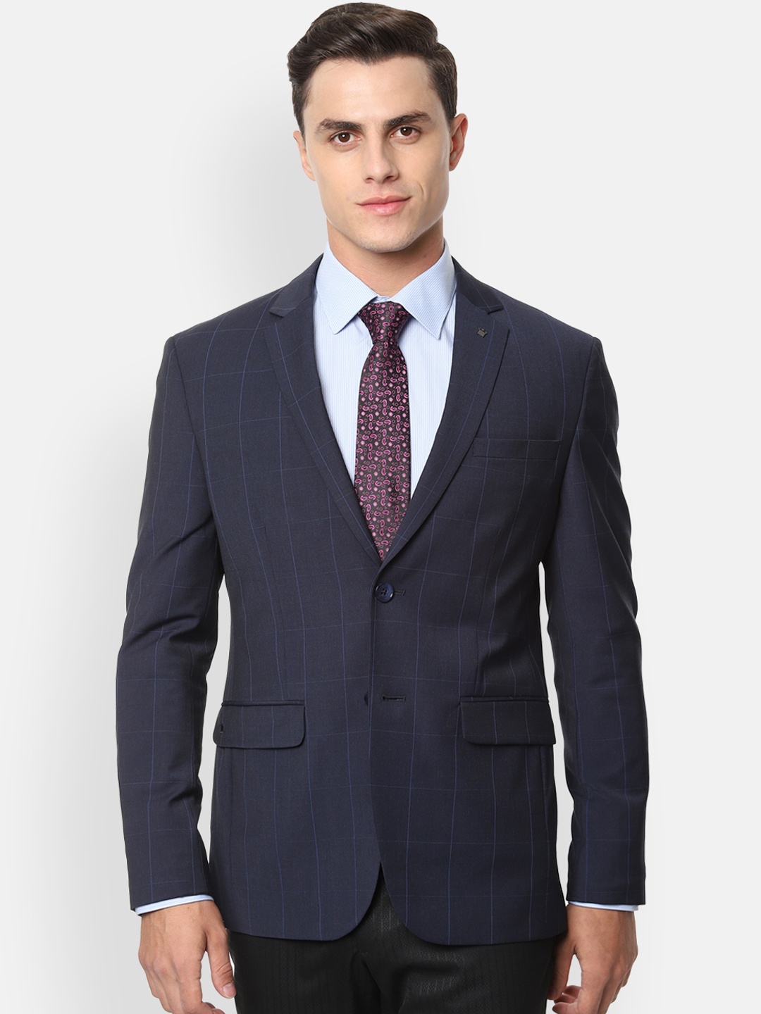 

Louis Philippe Men Navy Blue Checked Slim-Fit Single-Breasted Formal Blazer
