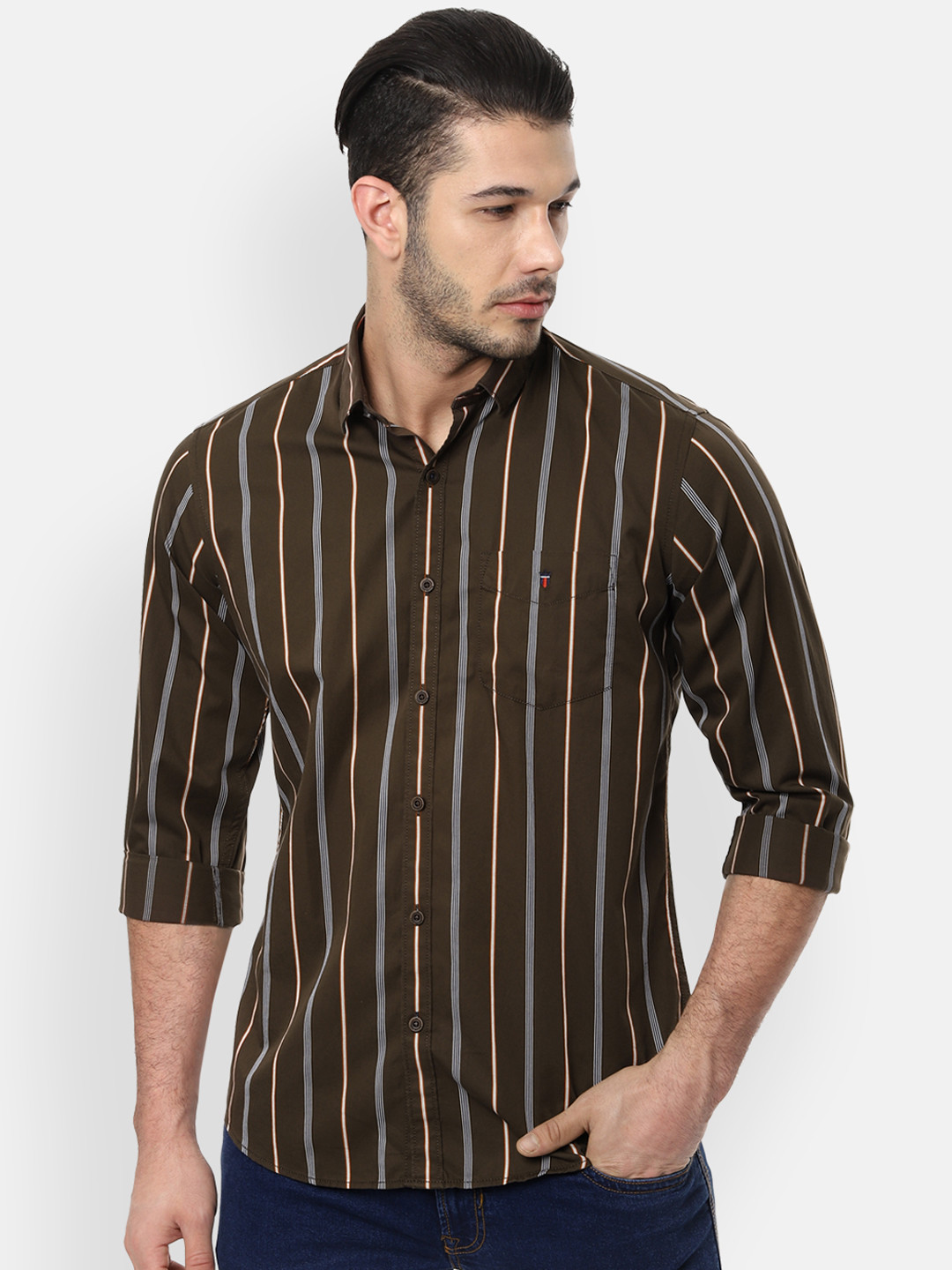 

Louis Philippe Sport Men Olive Green & Blue Slim Fit Striped Casual Shirt