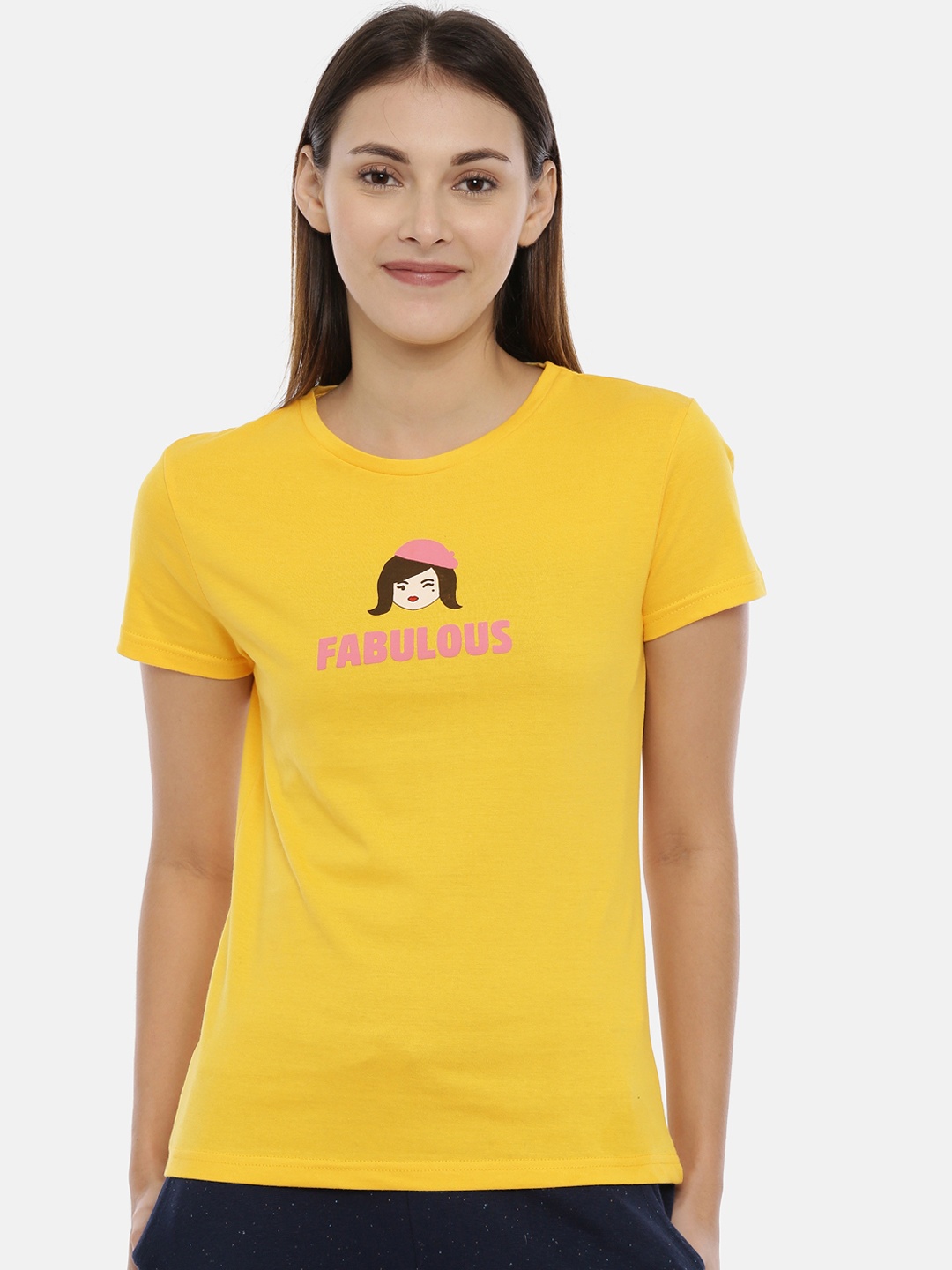 

Snarky Gal Women Yellow Printed Round Neck T-shirt