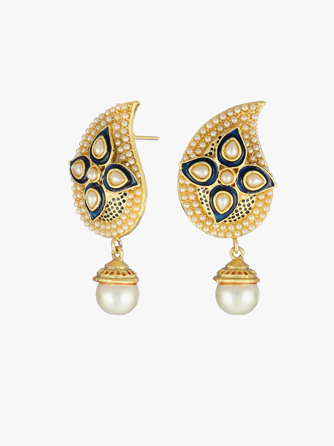 

Adwitiya Collection 24 CT Gold-Plated Navy Blue Leaf Shaped Drop Earrings