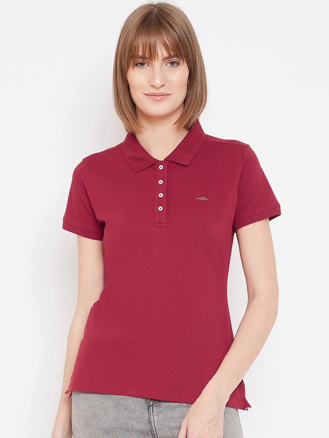 

METTLE Women Maroon Solid Polo Collar T-shirt