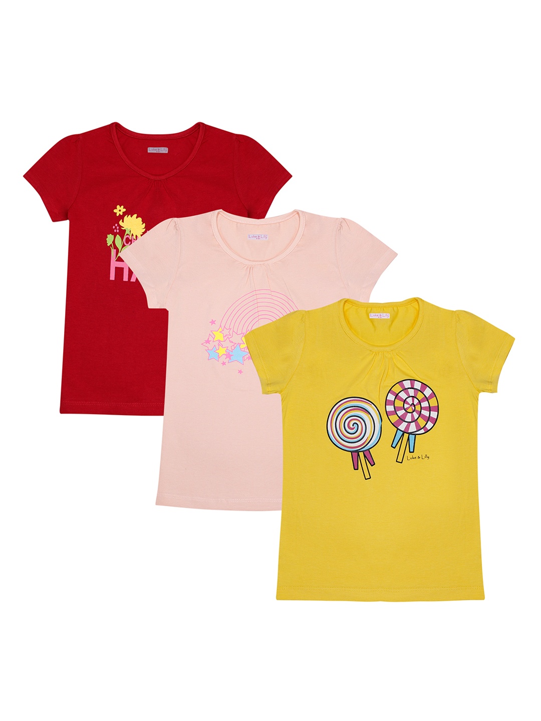 

Luke Lilly Girls Multicoloured Pack of 3 Pure Cotton T-shirts, Multi