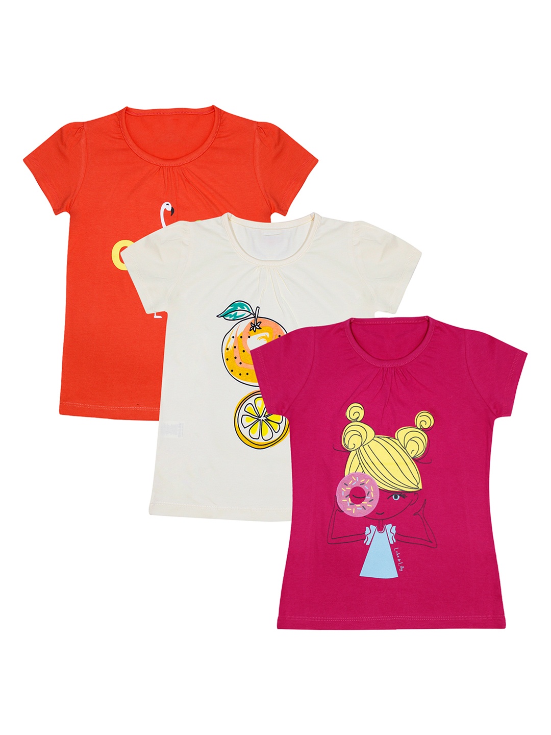 

Luke Lilly Girls Set of 3 Printed Round Neck Pure Cotton T-shirts, Multi