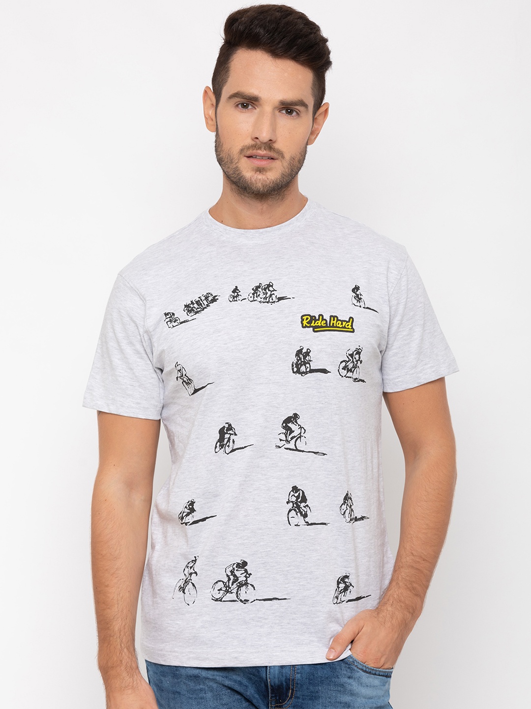 

Globus Men Grey Melange Printed Round Neck T-shirt