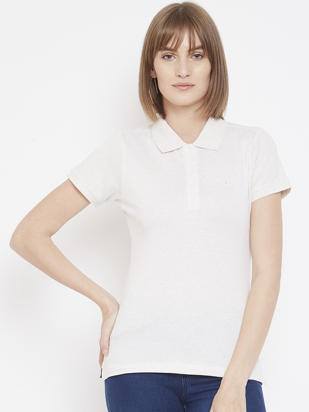 

METTLE Women White Solid Polo Collar T-shirt