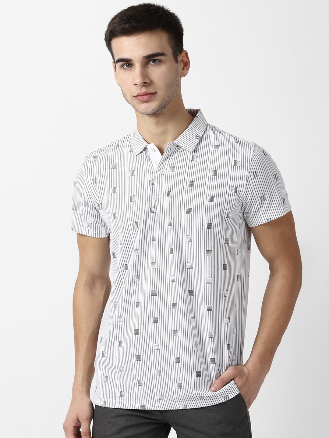 

Louis Philippe Men White Striped Polo Collar Pure Cotton T-shirt