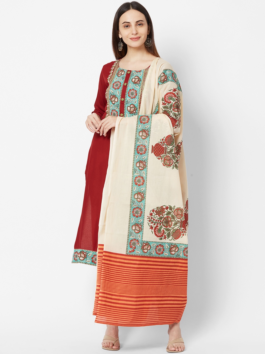 

FASHOR Women Red & Off White Embroidered Kurta with Trousers & Dupatta