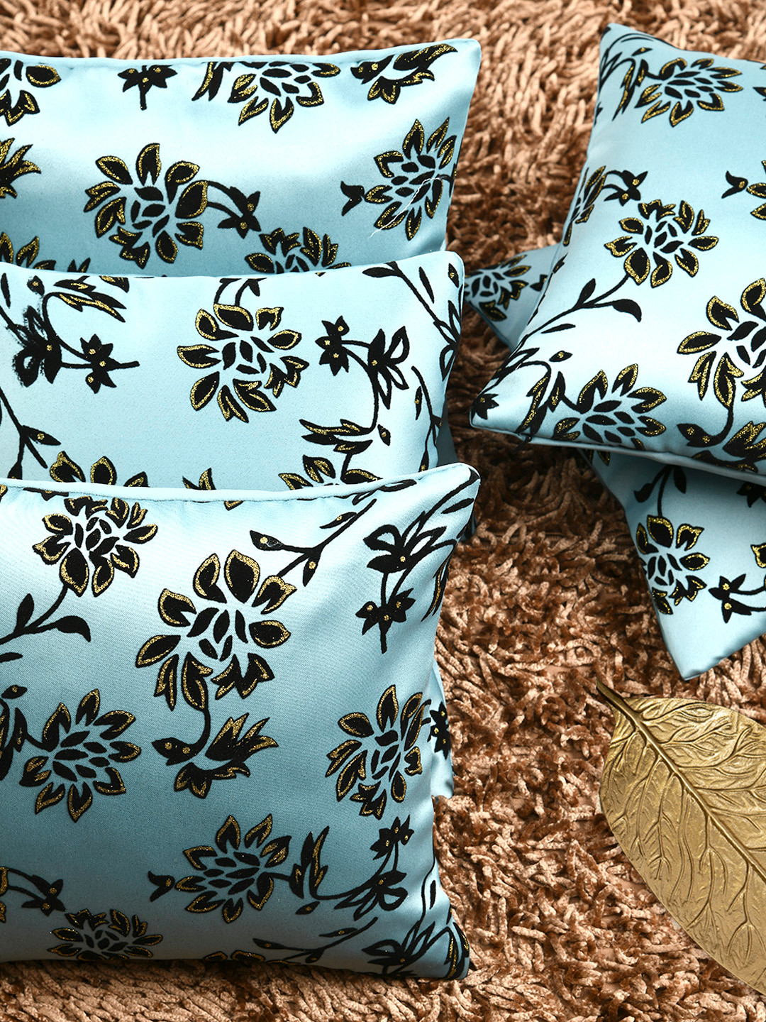 

HOUZZCODE Turquoise Blue & Black Set of 5 Floral Embellished Square Cushion Covers