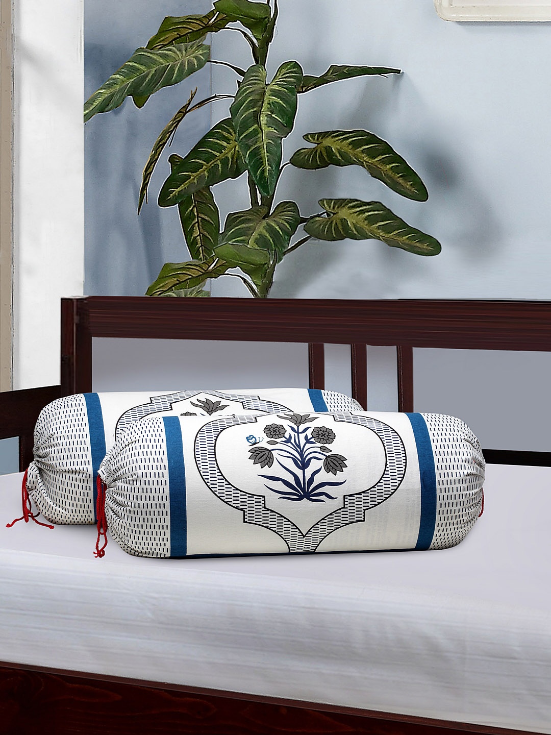 

Rajasthan Decor Set Of 2 White & Grey Screen Printed Bolster Covers