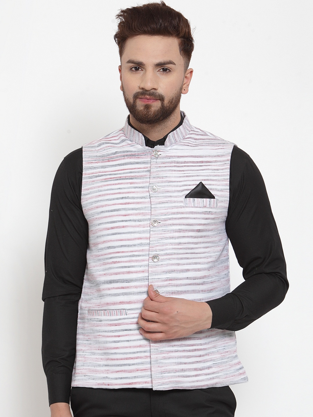 

KLOTTHE Men Off White & Pink Striped Pure Cotton Nehru Jacket