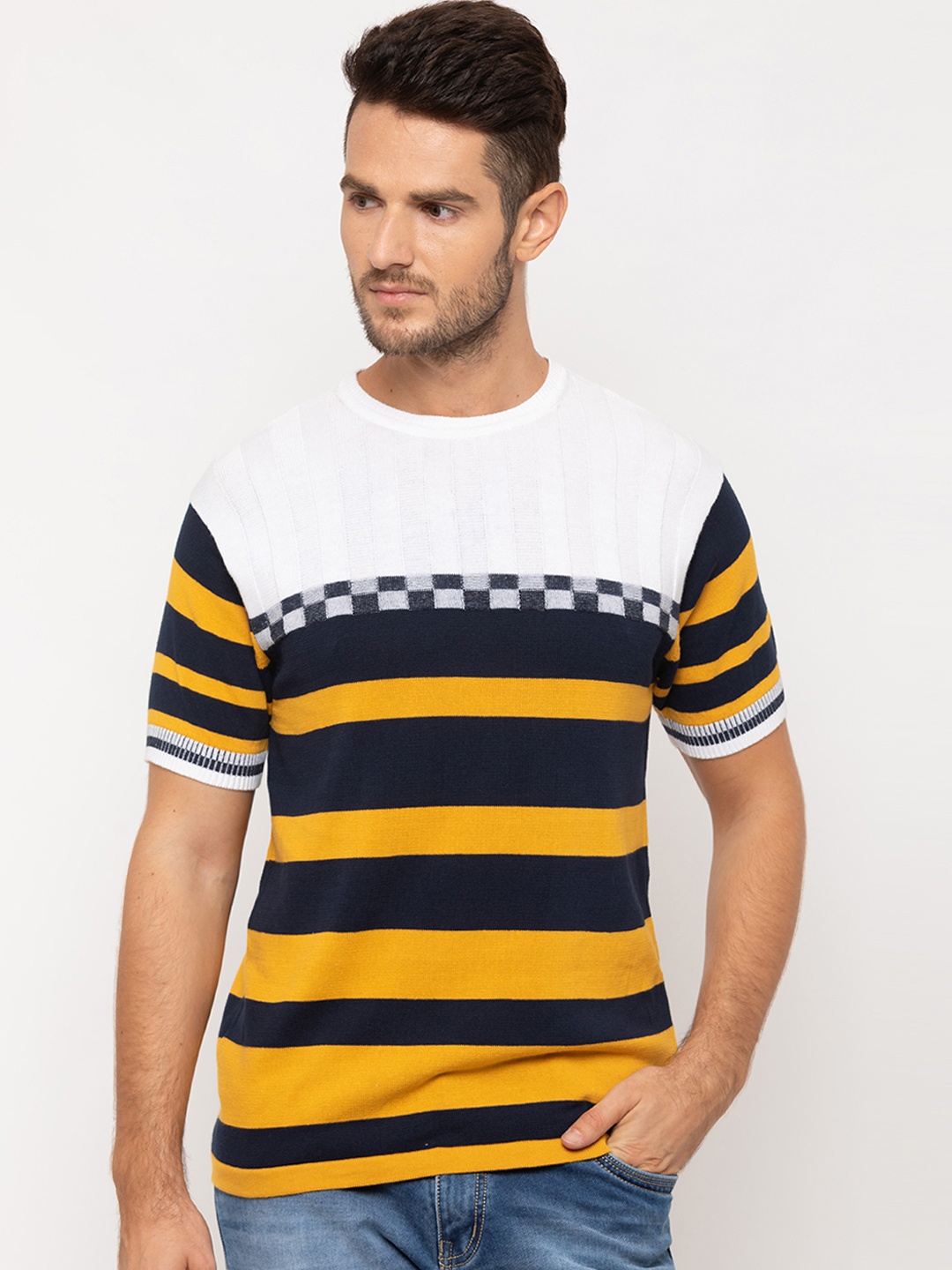 

Globus Men Mustard Yellow & Navy Blue Striped Round Neck T-shirt