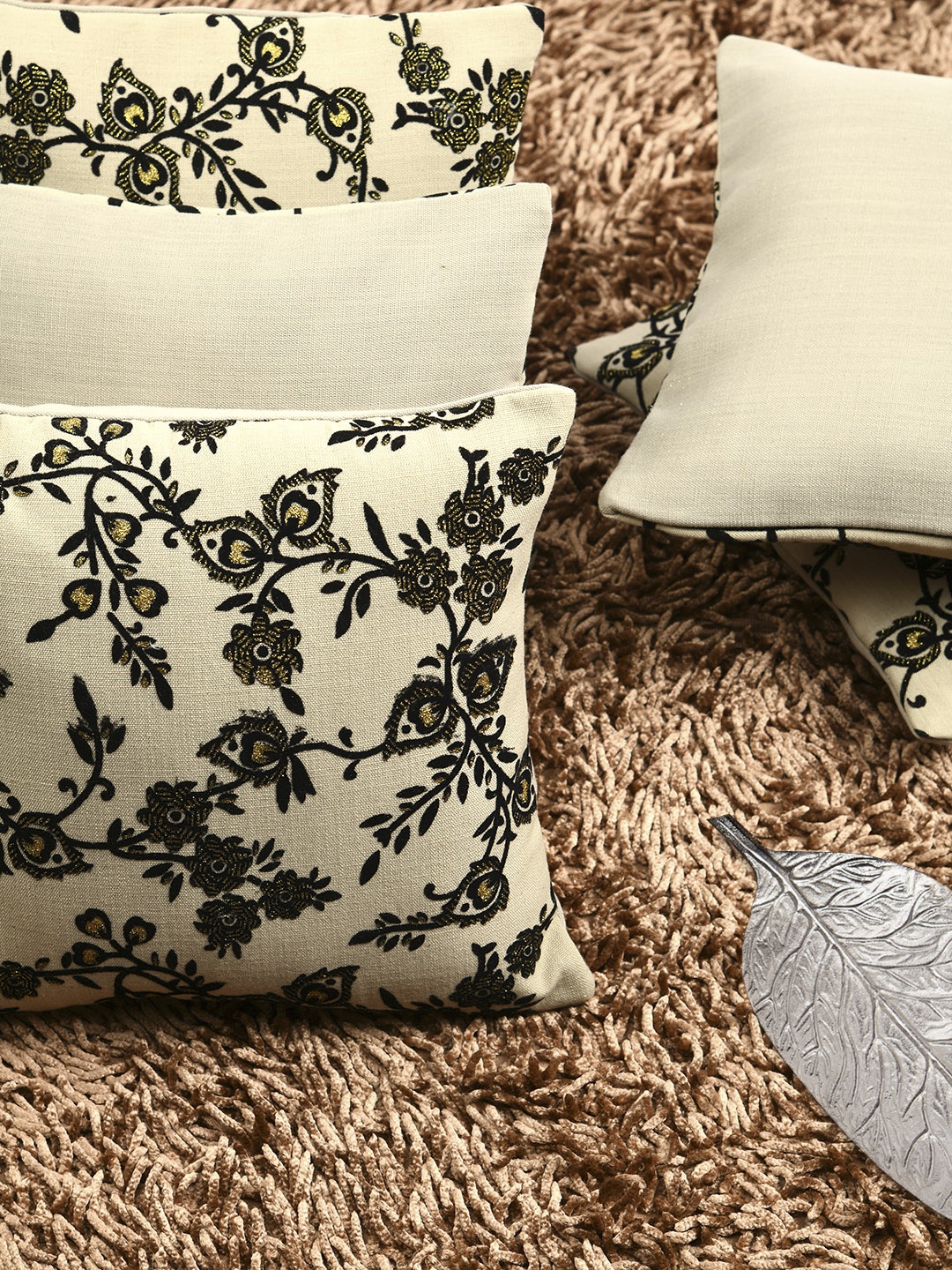 

HOUZZCODE Off-White & Black Set of 5 Floral Embellished Square Cushion Covers