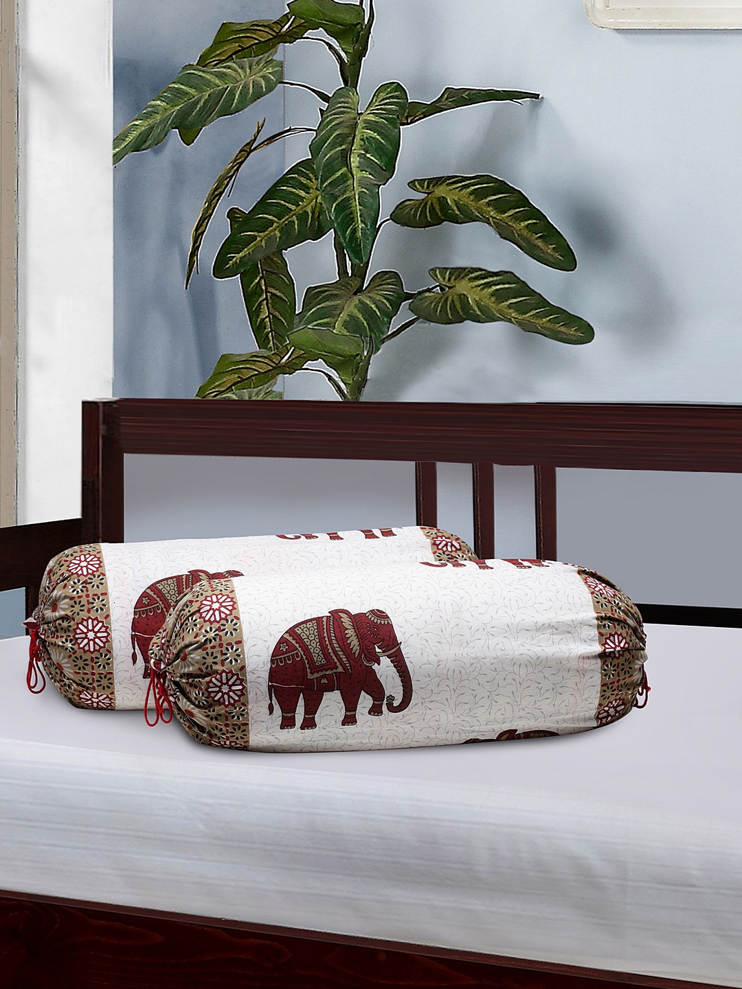 

Rajasthan Decor Set Of 2 White & Maroon Screen Printed Bolster Covers