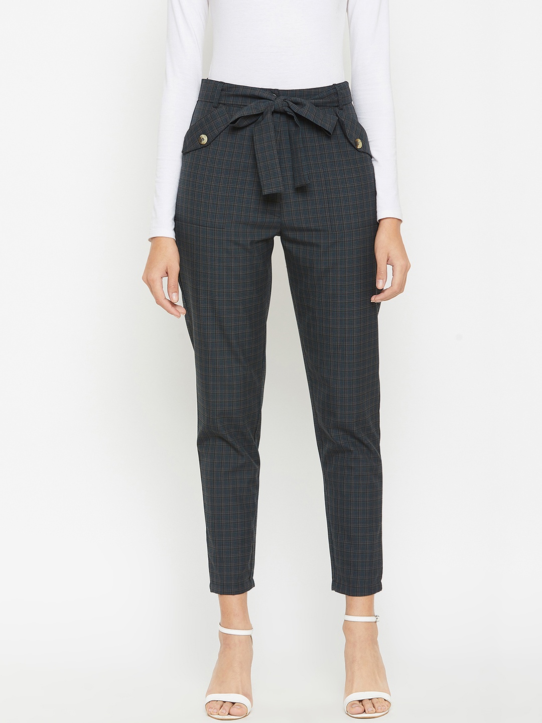 

Marie Claire Women Green & Black Slim Fit Checked Peg Trousers