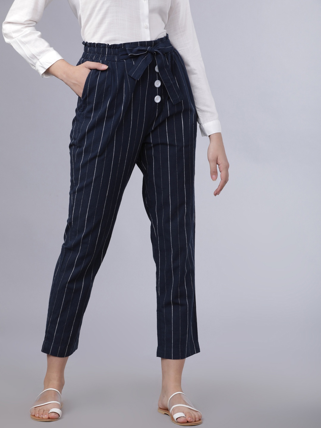 

Tokyo Talkies Women Navy Blue & White Regular Fit Striped Peg Trousers