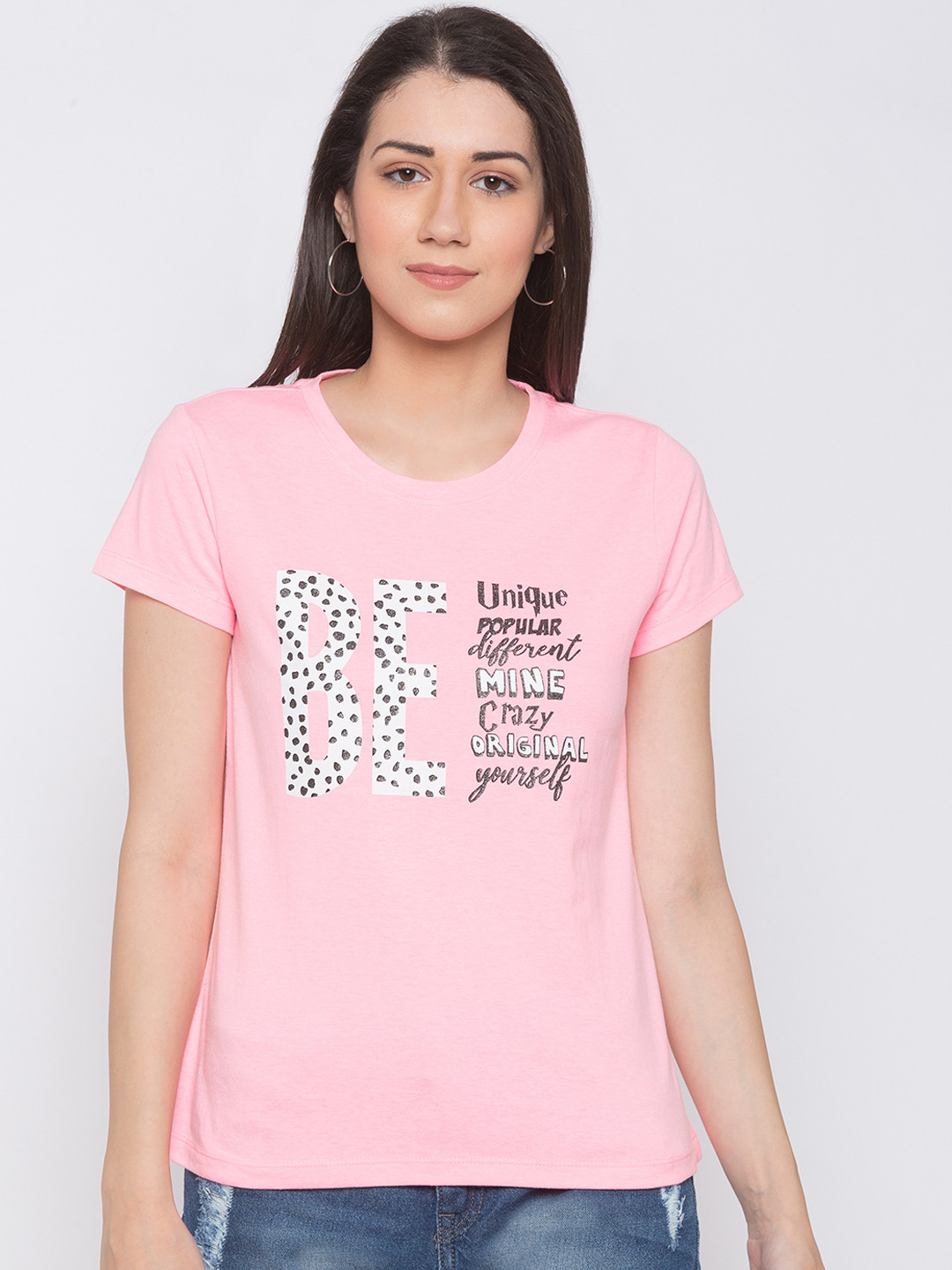 

Globus Women Pink & White Printed Round Neck T-shirt