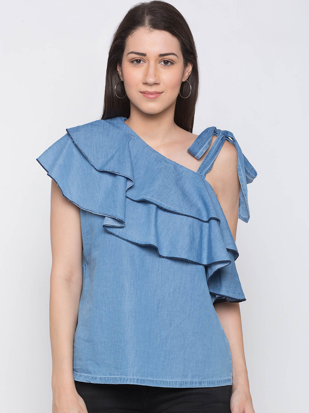 

Globus Women Blue Solid One-Shoulder Pure Cotton Top