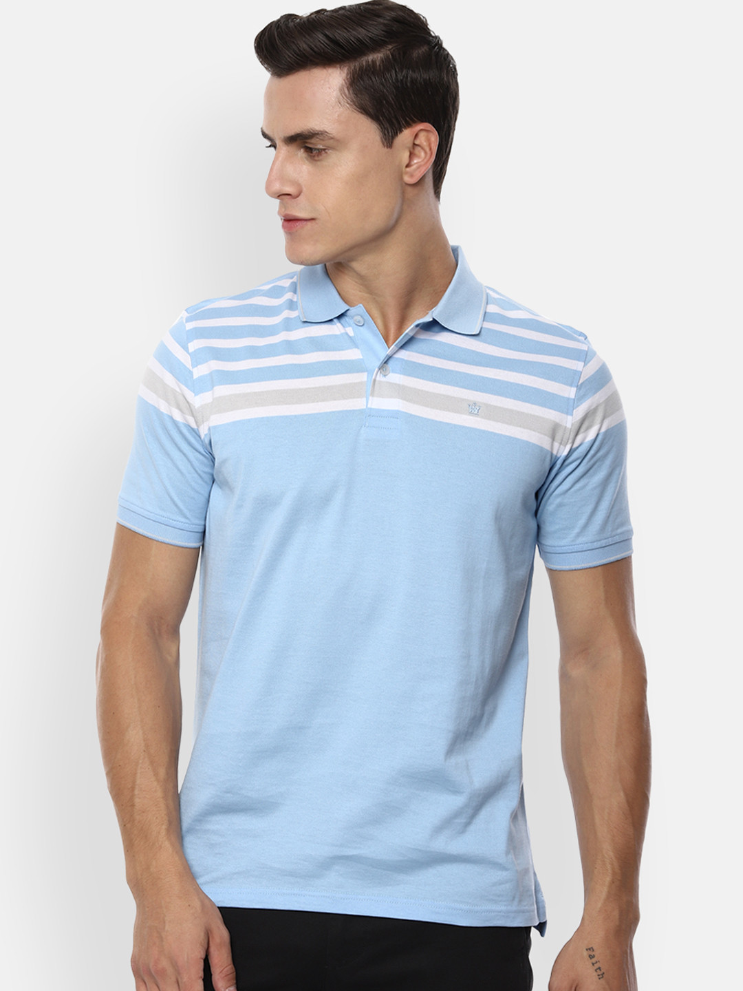 

Louis Philippe Men Blue White Striped Polo Collar Pure Cotton T-shirt