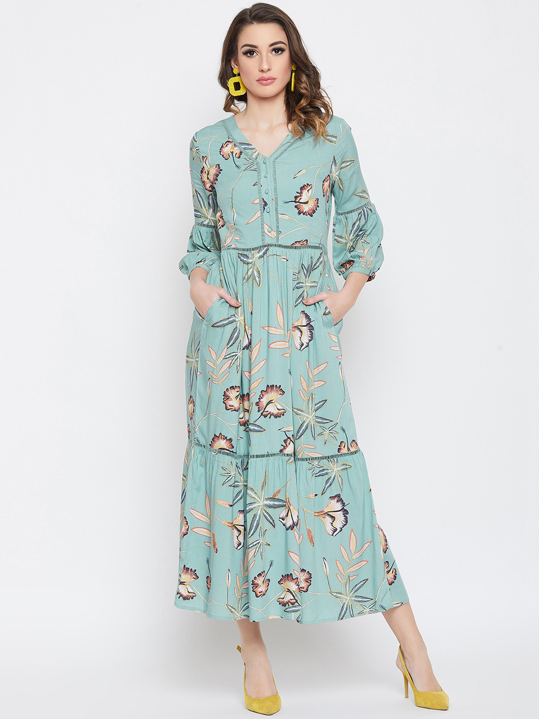 

Carlton London Women Turquoise Blue & Beige Floral Printed Maxi Dress