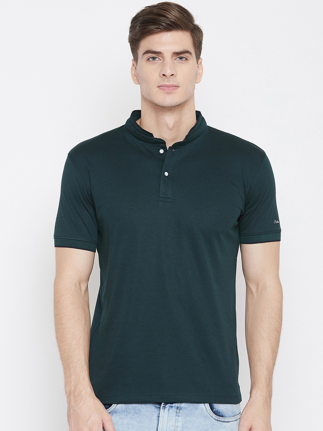 

Octave Men Dark Green Solid Mandarin Collar T-shirt