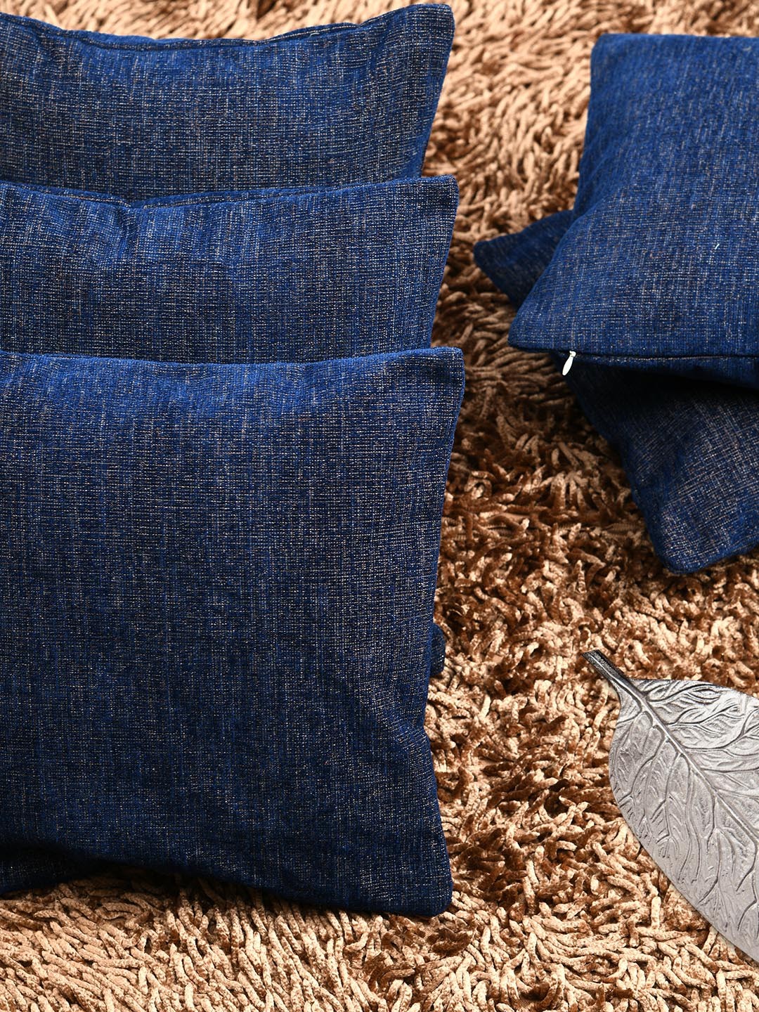 

HOUZZCODE Navy Blue & Beige Set of 5 Self Design Square Cushion Covers