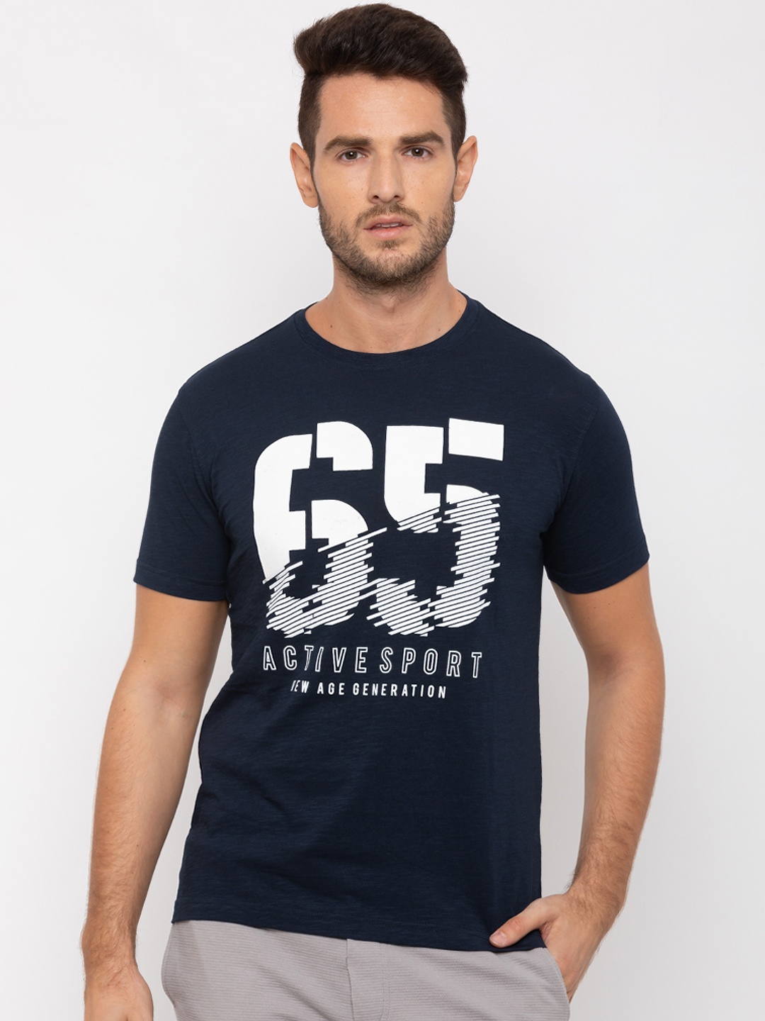 

Globus Men Navy Blue Printed Round Neck T-shirt