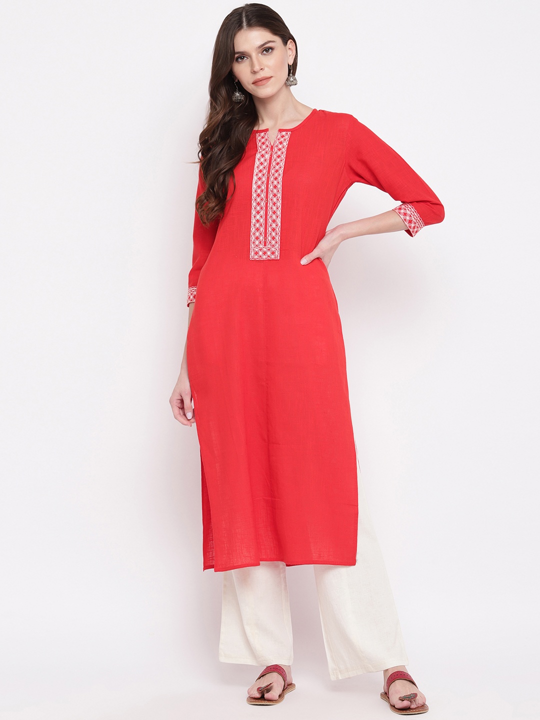 Vbuyz Women Red Embroidered Straight Kurta