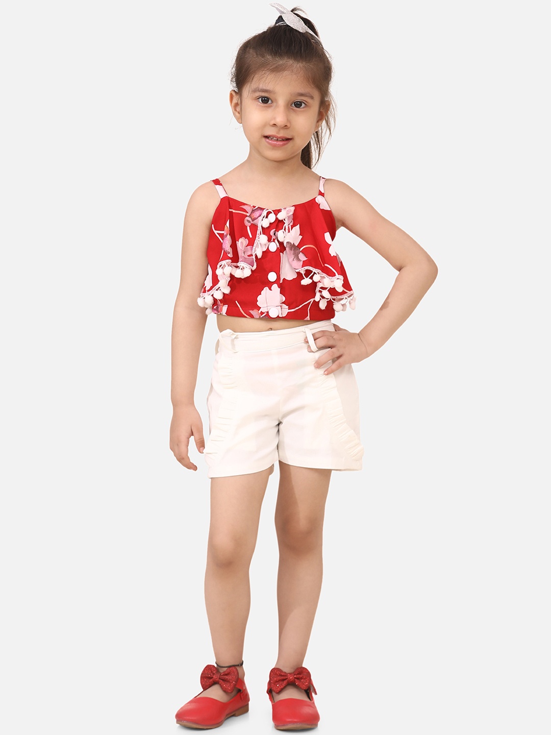 

Cutiekins Girls Red & White Printed Crop Top with Shorts