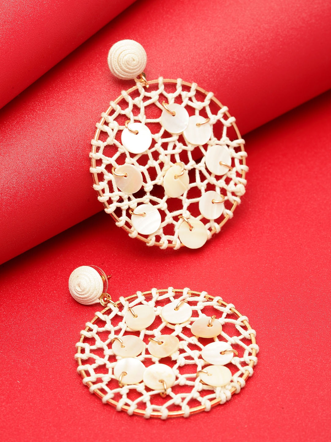 Madame Off-White & Gold-Toned Circular Drop Earrings