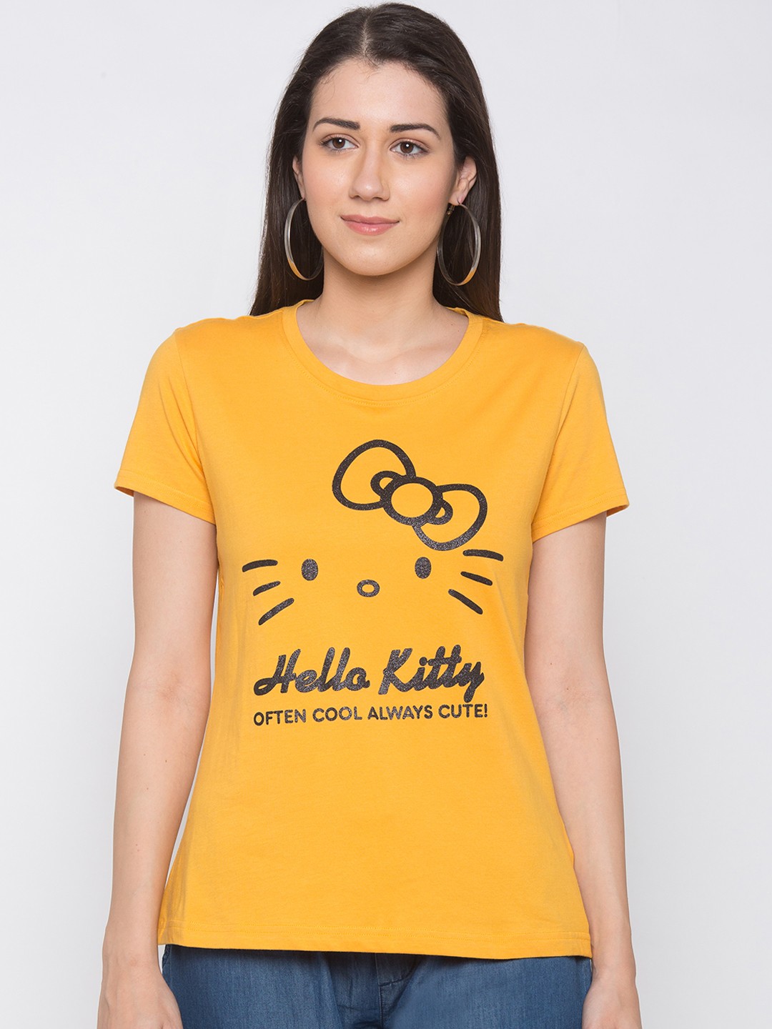 

Globus Women Mustard Yellow & Black Hello Kitty Printed Round Neck T-shirt
