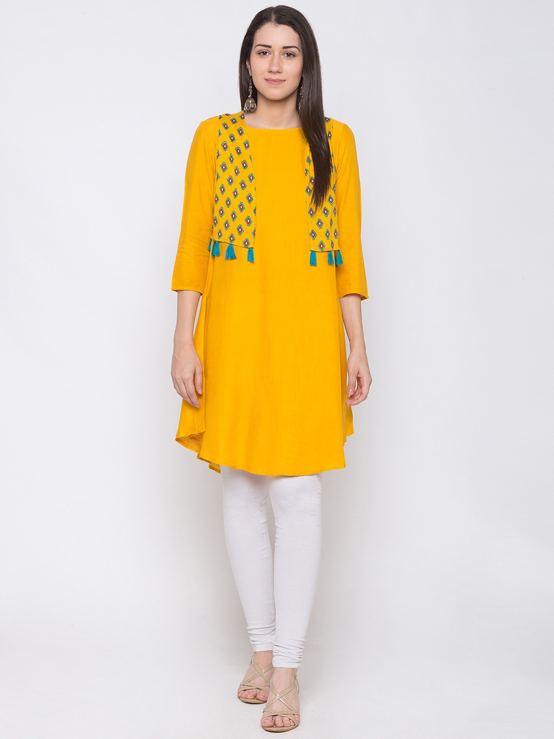

Globus Women Mustard Yellow Solid A-Line Kurta & Jacket