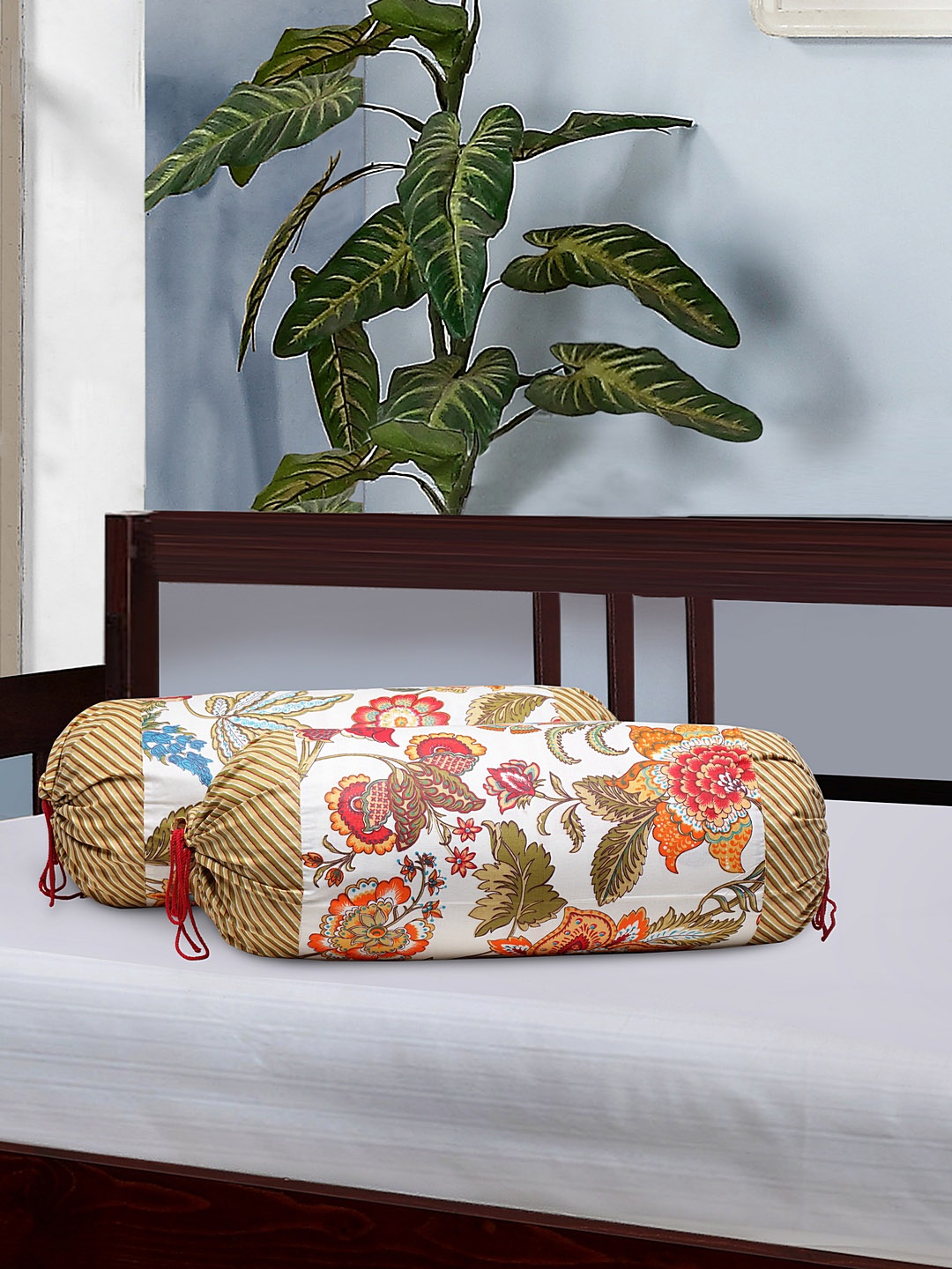

Rajasthan Decor Set Of 2 White & Green Screen Printed Bolster Covers