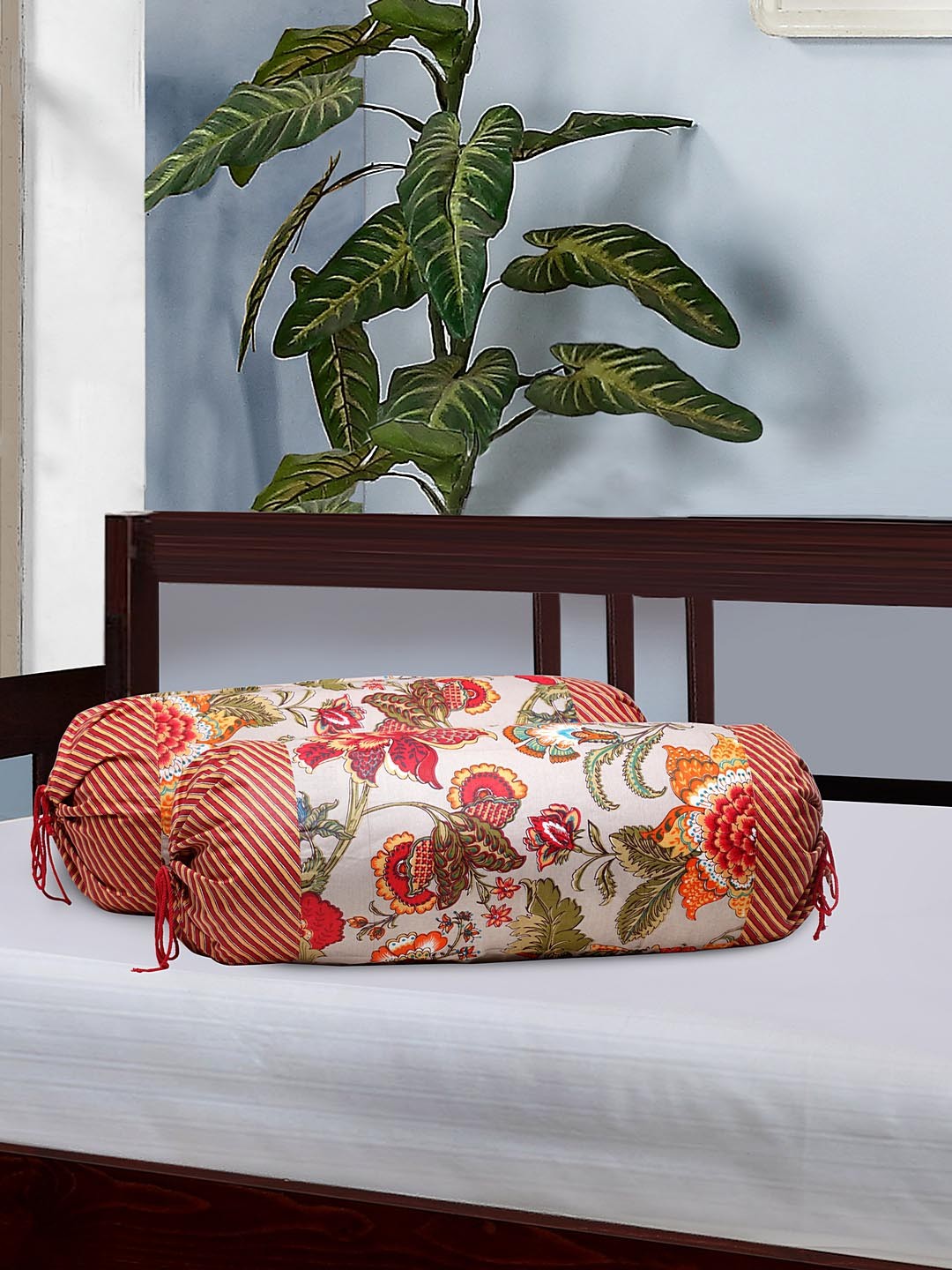 

Rajasthan Decor Set Of 2 Red & Off-White Floral Screen Printed Bolster Covers