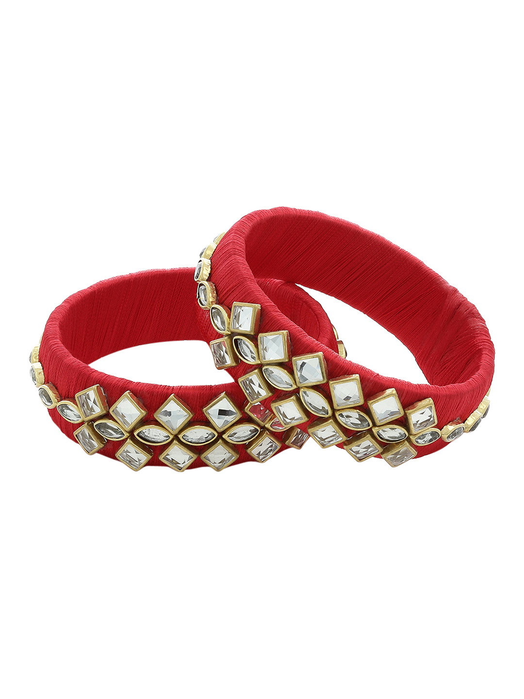 

AKSHARA Girls Set of 2 Red & White Kundan-Studded Handcrafted Silk Thread Bangles