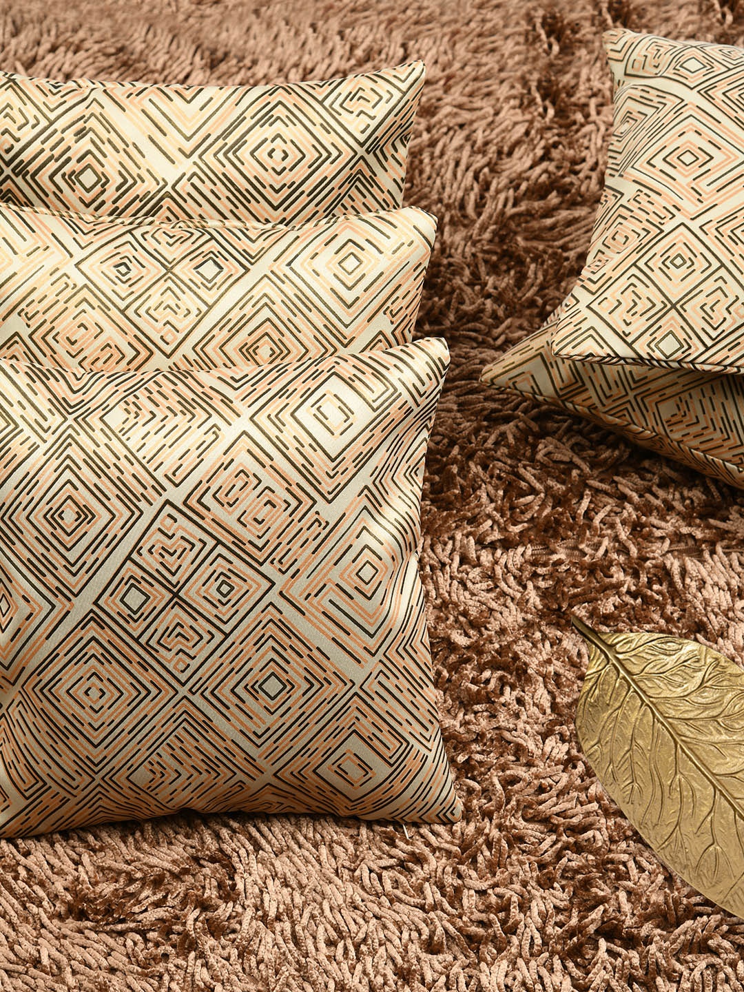 HOUZZCODE Beige & Orange Set of 5 Geometric Square Cushion Covers