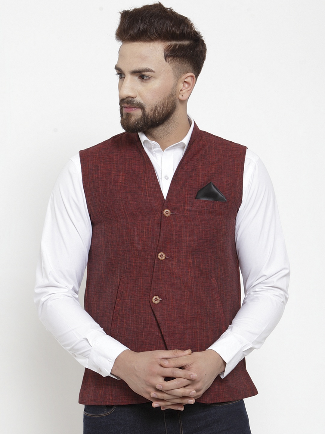 

KLOTTHE Men Maroon Solid Pure Cotton Nehru Jacket